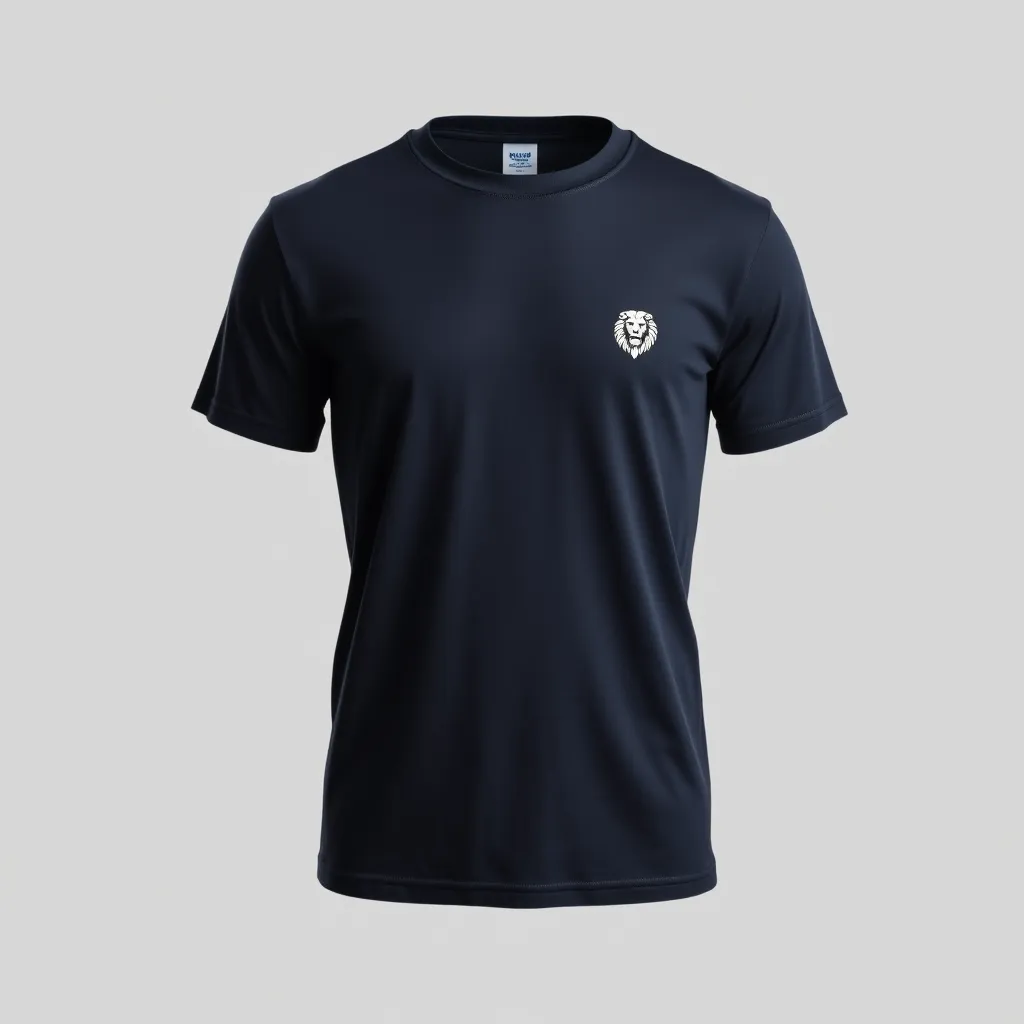 a t-shirt with t-shirt with a small, understated lion emblem on the left side of the chest in white, set against a solid navy blue shirt for a simple yet stylish look, a t-shirt with short sleeves, static shot, fashion shirt, a shirt set against a solid-colored background, with contrast between background and shirt, on a solid light-gray studio background, realistic shirt concept