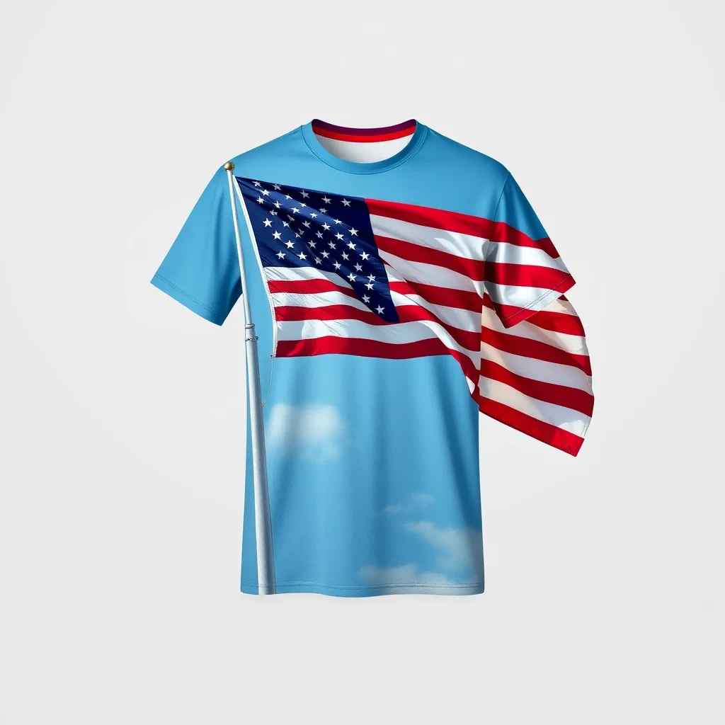 a t-shirt with t-shirt with the American flag waving proudly against a blue sky, with vibrant red, white, and blue colors capturing the spirit of patriotism, a t-shirt with short sleeves, static shot, fashion shirt, a shirt set against a solid-colored background, with contrast between background and shirt, on a solid light-gray studio background, realistic shirt concept