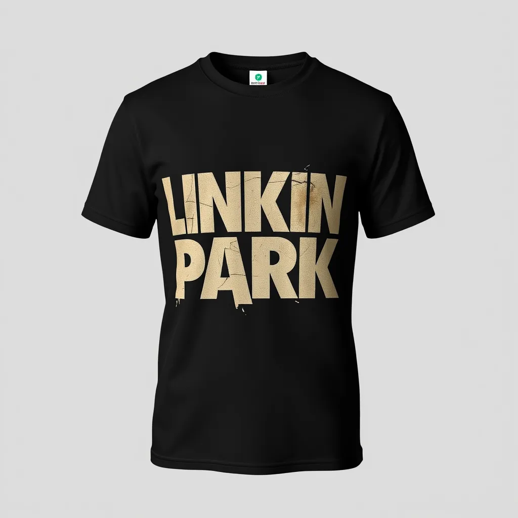 a t-shirt with t-shirt with a distressed, grunge-style print of Linkin Park’s name in bold, cracked letters, set against a black background for a rugged and edgy feel, a t-shirt with short sleeves, static shot, fashion shirt, a shirt set against a solid-colored background, with contrast between background and shirt, on a solid light-gray studio background, realistic shirt concept