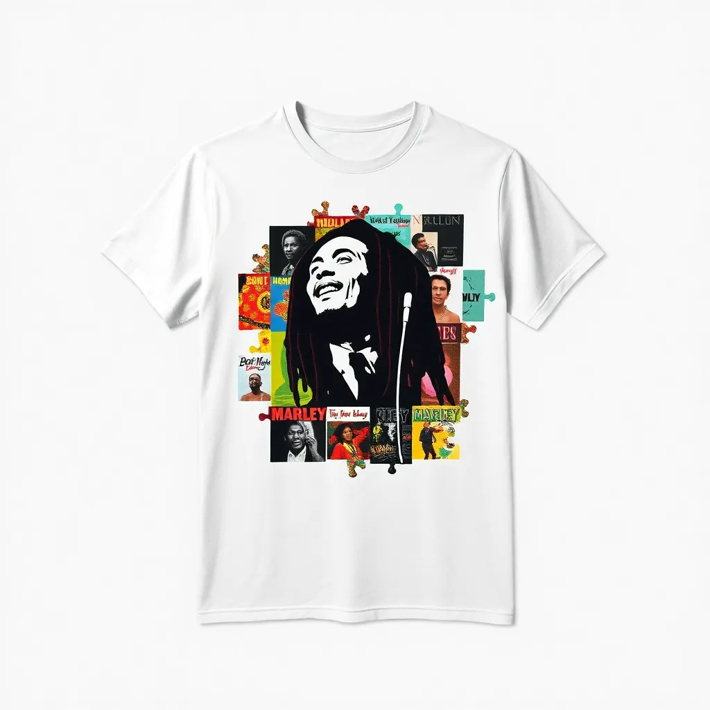 a t-shirt with t-shirt with a collage of Bob Marley’s various album covers, pieced together using bright, bold colors and patterns to create a lively patchwork effect, a t-shirt with short sleeves, static shot, fashion shirt, a shirt set against a solid-colored background, with contrast between background and shirt, on a solid light-gray studio background, realistic shirt concept