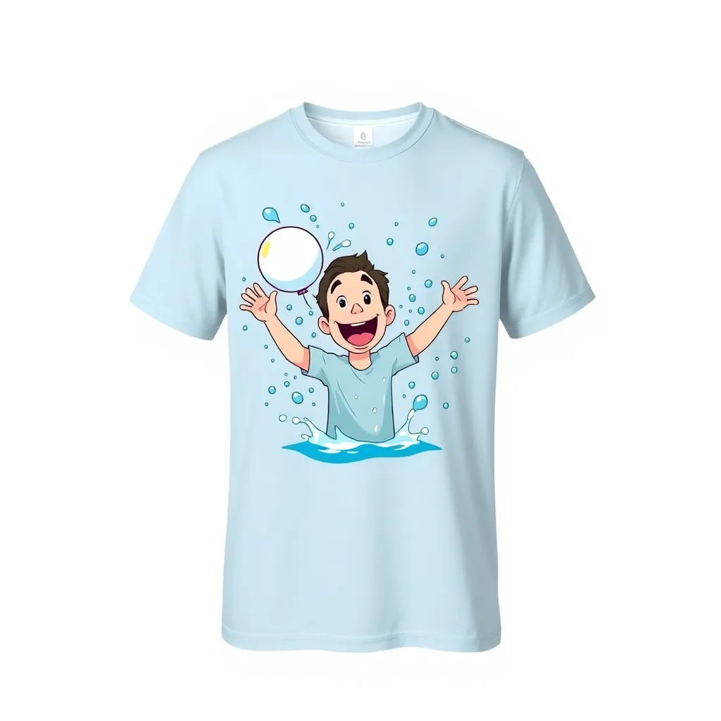 a t-shirt with t-shirt with a cartoon scene of a man getting splashed by a water balloon, with bright blues and playful expressions, creating a refreshing and amusing vibe, a t-shirt with short sleeves, static shot, fashion shirt, a shirt set against a solid-colored background, with contrast between background and shirt, on a solid light-gray studio background, realistic shirt concept