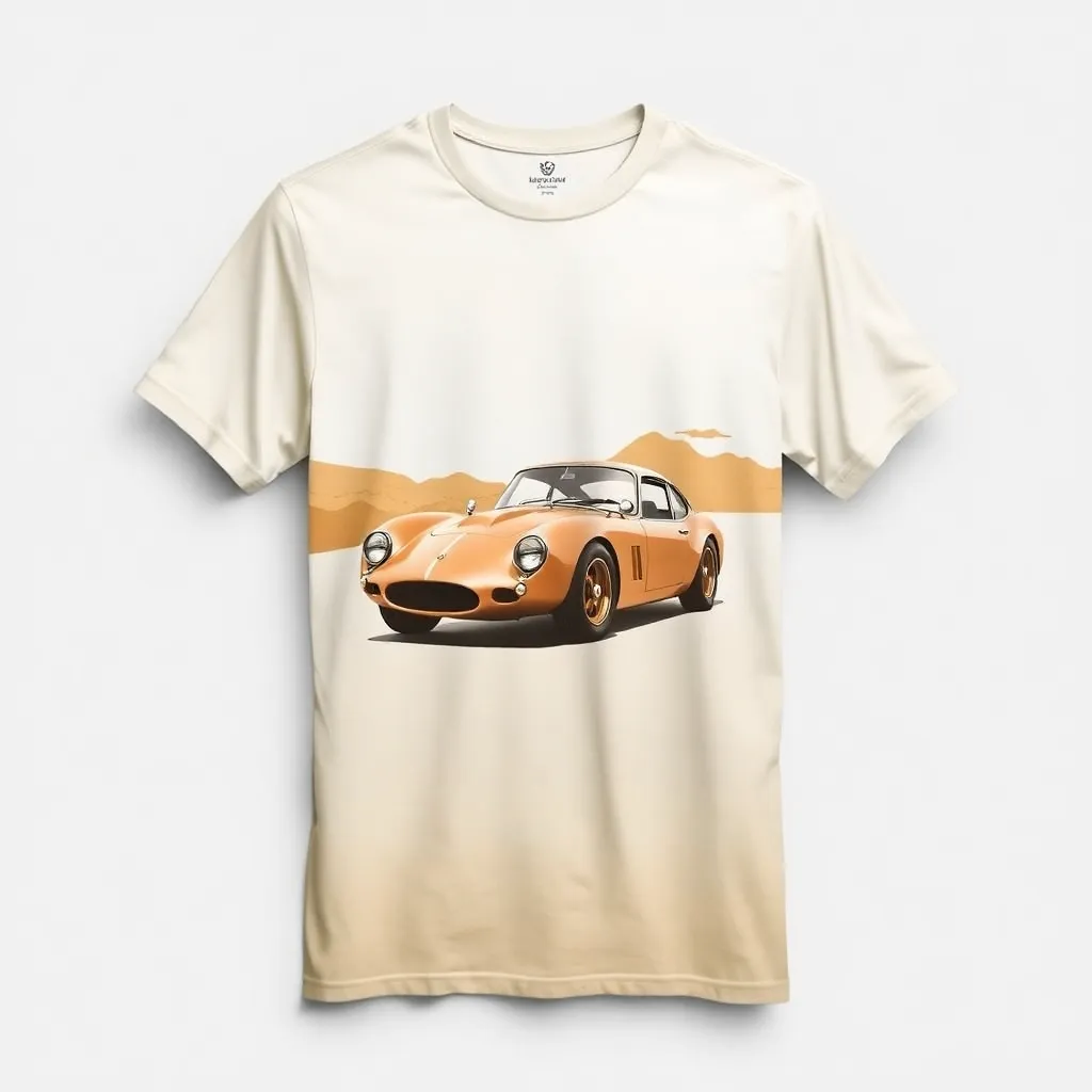 A themed t-shirt with a race car print. t-shirt with a vintage race car design in sepia tones, featuring a classic car from the 1960s era on a faded, off-white shirt for a retro feel, a t-shirt with short sleeves, static shot, fashion shirt, a shirt set against a solid-colored background, with contrast between background and shirt, on a solid light-gray studio background, realistic shirt concept