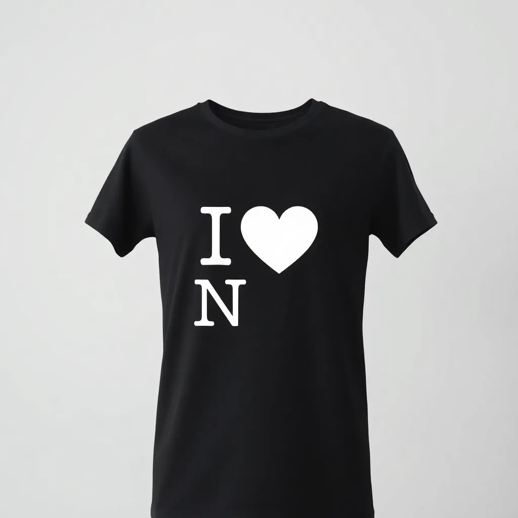 a t-shirt with t-shirt with a simple, minimalist "I Love NY" heart logo in white on a black shirt, focusing on minimalism and timeless design, a t-shirt with short sleeves, static shot, fashion shirt, a shirt set against a solid-colored background, with contrast between background and shirt, on a solid light-gray studio background, realistic shirt concept