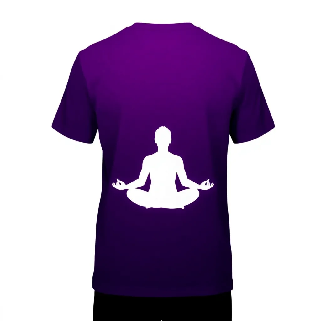 a t-shirt with t-shirt with a silhouette of a meditating person against a deep purple ombré background, with white accents highlighting the outlines for a striking and minimalist design, a t-shirt with short sleeves, static shot, fashion shirt, a shirt set against a solid-colored background, with contrast between background and shirt, on a solid light-gray studio background, realistic shirt concept