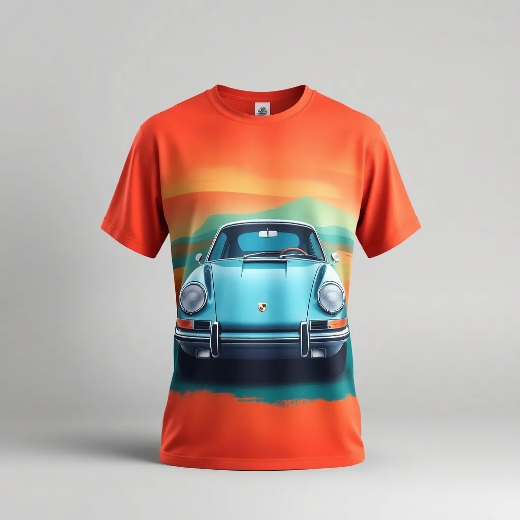 A themed t-shirt with a sports car print. t-shirt with a retro-inspired design of a vintage Porsche, set against a faded backdrop with warm orange and teal tones, a t-shirt with short sleeves, static shot, fashion shirt, a shirt set against a solid-colored background, with contrast between background and shirt, on a solid light-gray studio background, realistic shirt concept