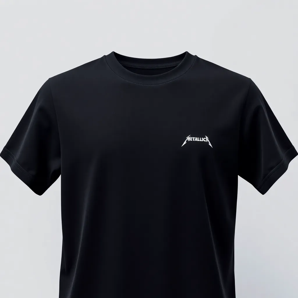 a t-shirt with t-shirt with a company uniform featuring a small Metallica logo embroidered on the left chest, on a sleek black shirt for a professional yet edgy appearance, a t-shirt with short sleeves, static shot, fashion shirt, a shirt set against a solid-colored background, with contrast between background and shirt, on a solid light-gray studio background, realistic shirt concept