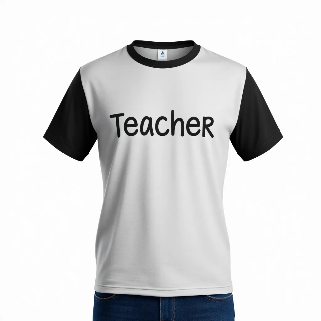 a t-shirt with teacher themed print, a t-shirt with short sleeves, static shot, fashion shirt, a shirt set against a solid-colored background, with contrast between background and shirt, on a solid light-gray studio background, realistic shirt concept