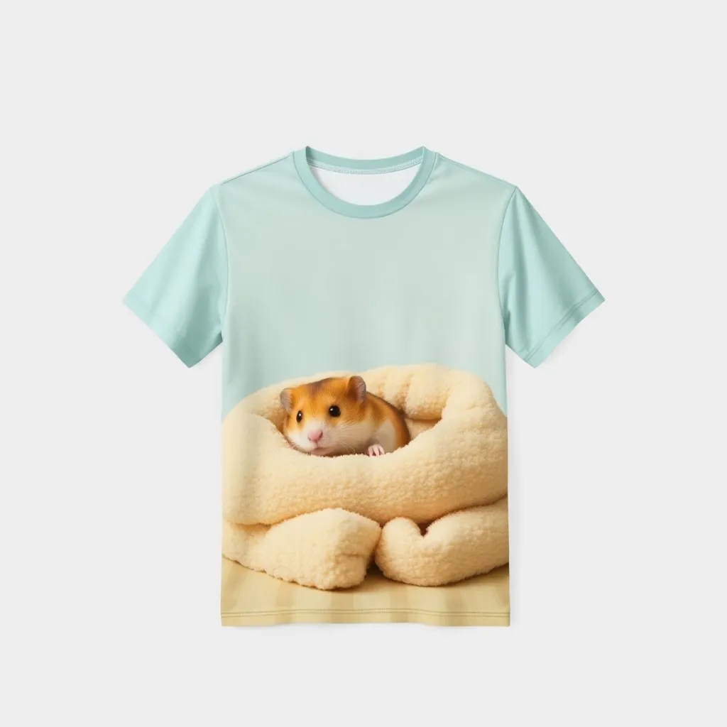 A themed t-shirt with a hamster print. t-shirt with a serene scene of a hamster nestled in a cozy pile of bedding, with warm brown and beige tones creating a sense of comfort and warmth, a t-shirt with short sleeves, static shot, fashion shirt, a shirt set against a solid-colored background, with contrast between background and shirt, on a solid light-gray studio background, realistic shirt concept