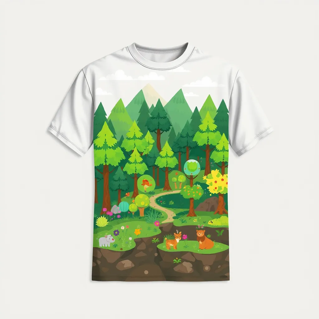 a t-shirt with t-shirt with a cartoonish 8-bit forest landscape, with pixelated trees, flowers, and animals, using bright greens and earthy tones to create a whimsical and playful design, a t-shirt with short sleeves, static shot, fashion shirt, a shirt set against a solid-colored background, with contrast between background and shirt, on a solid light-gray studio background, realistic shirt concept