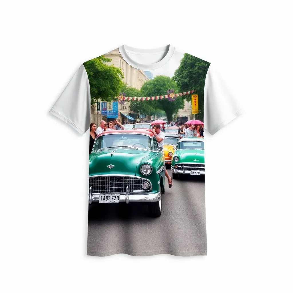 A themed t-shirt with a classic car print. t-shirt with multiple classic cars lined up on a city street during a festival, with vibrant colors and people admiring, capturing a festive and celebratory mood, a t-shirt with short sleeves, static shot, fashion shirt, a shirt set against a solid-colored background, with contrast between background and shirt, on a solid light-gray studio background, realistic shirt concept