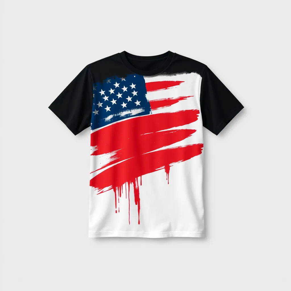 a t-shirt with t-shirt with an abstract representation of the American flag with bold, broad strokes of red, white, and blue, creating a dynamic and artistic feel, a t-shirt with short sleeves, static shot, fashion shirt, a shirt set against a solid-colored background, with contrast between background and shirt, on a solid light-gray studio background, realistic shirt concept