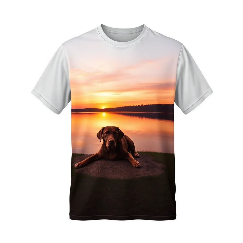 A themed t-shirt with a dogs print. t-shirt with a relaxing setting featuring a labrador lying beside a lake under a sunset, with warm oranges and pinks reflecting on calm waters and creating a soothing ambiance, a t-shirt with short sleeves, static shot, fashion shirt, a shirt set against a solid-colored background, with contrast between background and shirt, on a solid light-gray studio background, realistic shirt concept