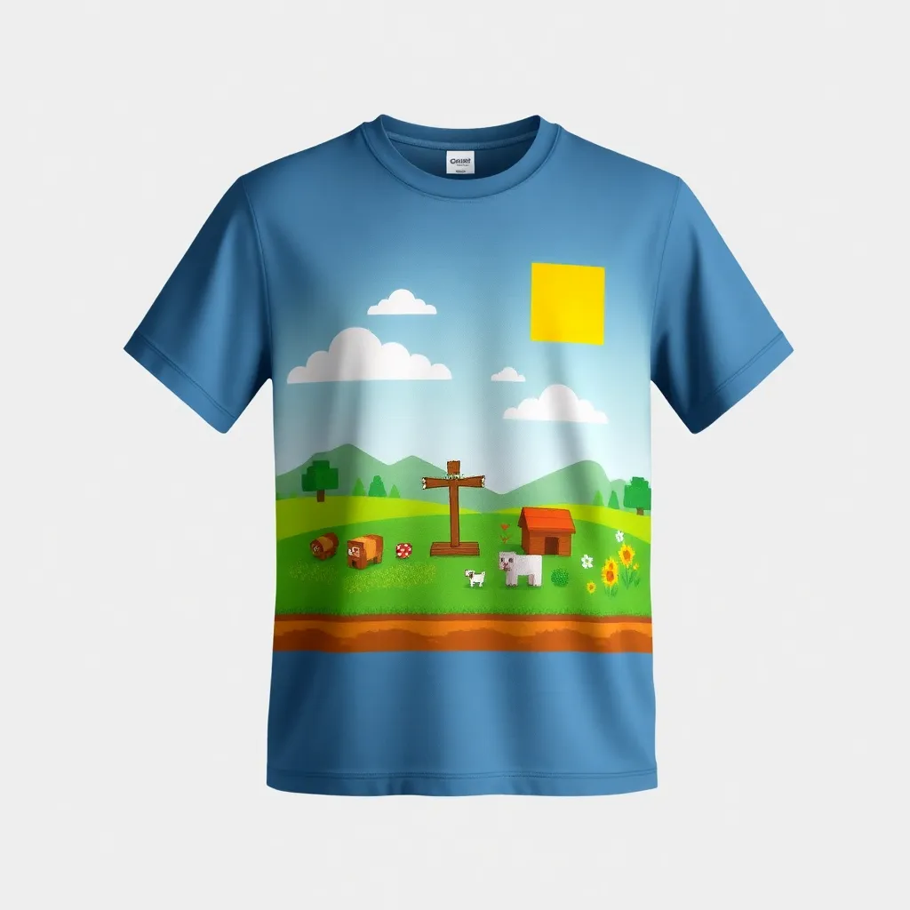 A themed t-shirt with a minecraft print. t-shirt with a peaceful Minecraft farm, with crops, animals, and a scarecrow under a bright square sun, in cheerful yellows and greens to reflect a quaint lifestyle, a t-shirt with short sleeves, static shot, fashion shirt, a shirt set against a solid-colored background, with contrast between background and shirt, on a solid light-gray studio background, realistic shirt concept