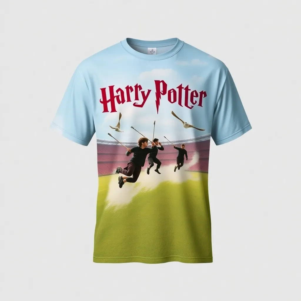 A themed t-shirt with a harry potter print. t-shirt with an exciting Quidditch match in action, featuring broomsticks and players in motion against a clear blue sky and stadium backdrop, conveying energetic movement, a t-shirt with short sleeves, static shot, fashion shirt, a shirt set against a solid-colored background, with contrast between background and shirt, on a solid light-gray studio background, realistic shirt concept
