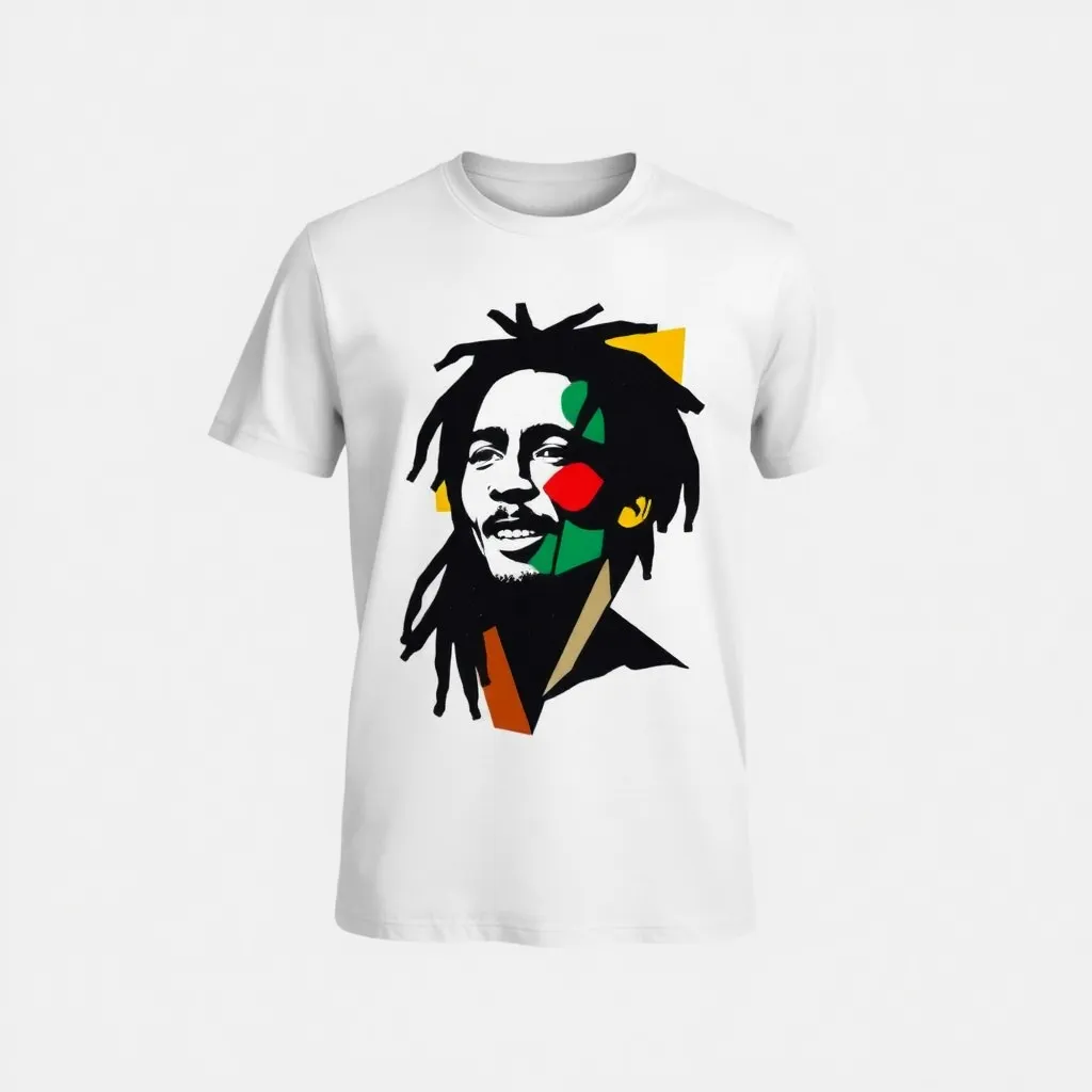 a t-shirt with t-shirt with an abstract, cubist rendition of Bob Marley’s face, using fragmented shapes and contrasting colors to create a bold, modern artistic statement, a t-shirt with short sleeves, static shot, fashion shirt, a shirt set against a solid-colored background, with contrast between background and shirt, on a solid light-gray studio background, realistic shirt concept