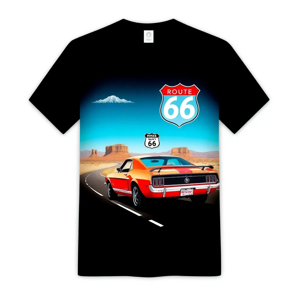 A themed t-shirt with a sports car print. t-shirt with a vintage Mustang driving along Route 66 under a clear blue sky, surrounded by desert landscapes, capturing a classic road trip feel, a t-shirt with short sleeves, static shot, fashion shirt, a shirt set against a solid-colored background, with contrast between background and shirt, on a solid light-gray studio background, realistic shirt concept