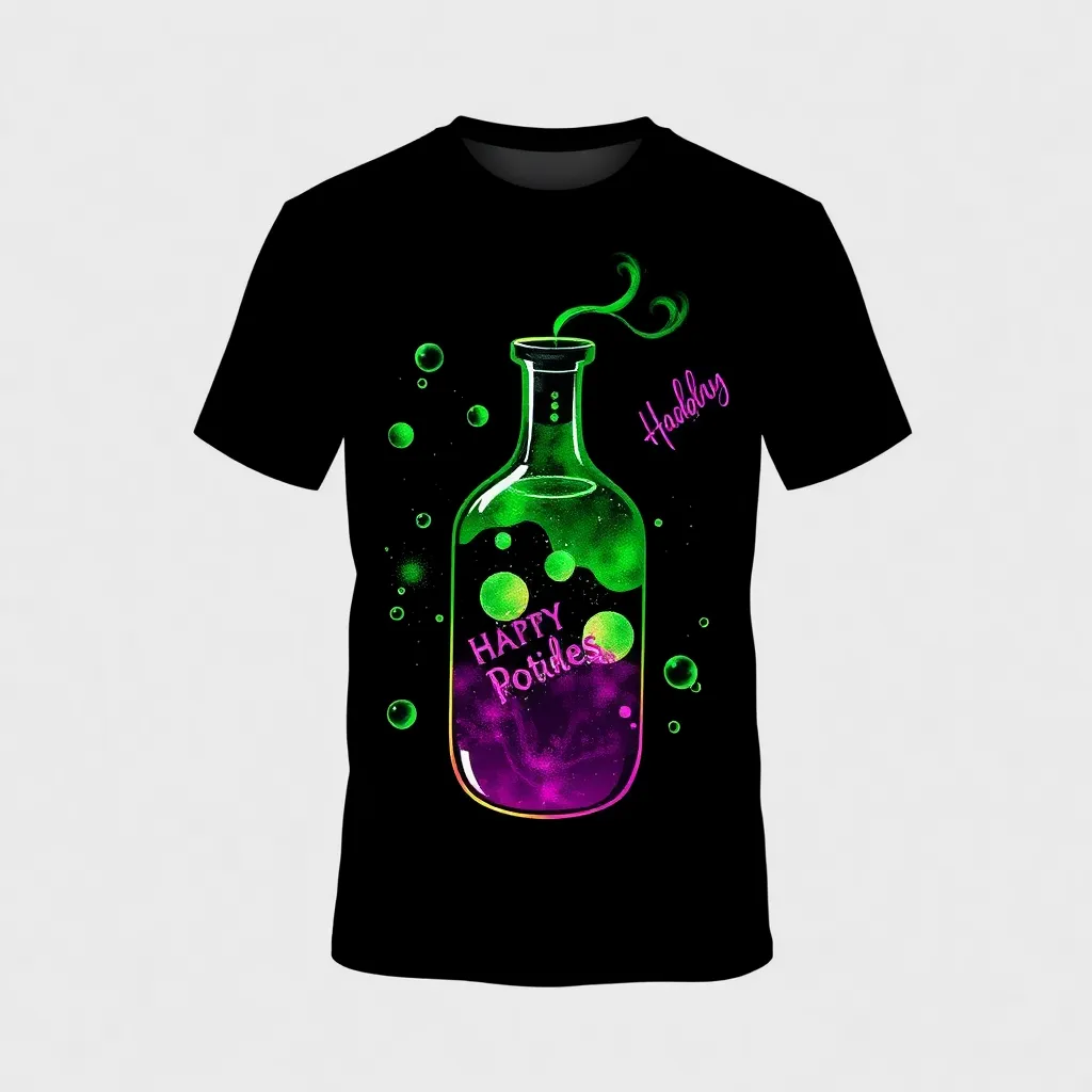 A themed t-shirt with a harry potter print. t-shirt adorned with a magical potion bottle, with vibrant bubbling liquids in hues of emerald green and purple, set against a dark background for a mysterious allure, a t-shirt with short sleeves, static shot, fashion shirt, a shirt set against a solid-colored background, with contrast between background and shirt, on a solid light-gray studio background, realistic shirt concept