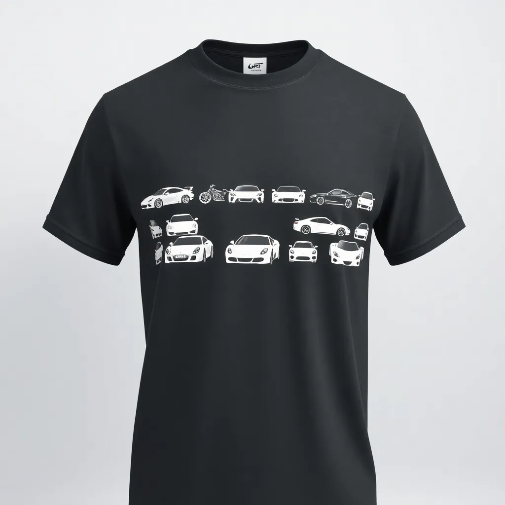 A themed t-shirt with a sports car print. t-shirt displaying a collection of iconic sports car silhouettes in white, lined up across a dark gray shirt for a clean and minimalist approach, a t-shirt with short sleeves, static shot, fashion shirt, a shirt set against a solid-colored background, with contrast between background and shirt, on a solid light-gray studio background, realistic shirt concept