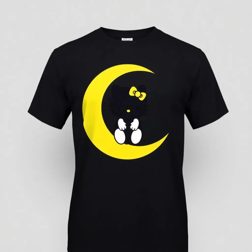 a t-shirt with t-shirt with a silhouette of Hello Kitty sitting on a crescent moon, centered on a black shirt with white and yellow accents, for a charming and minimalist aesthetic, a t-shirt with short sleeves, static shot, fashion shirt, a shirt set against a solid-colored background, with contrast between background and shirt, on a solid light-gray studio background, realistic shirt concept
