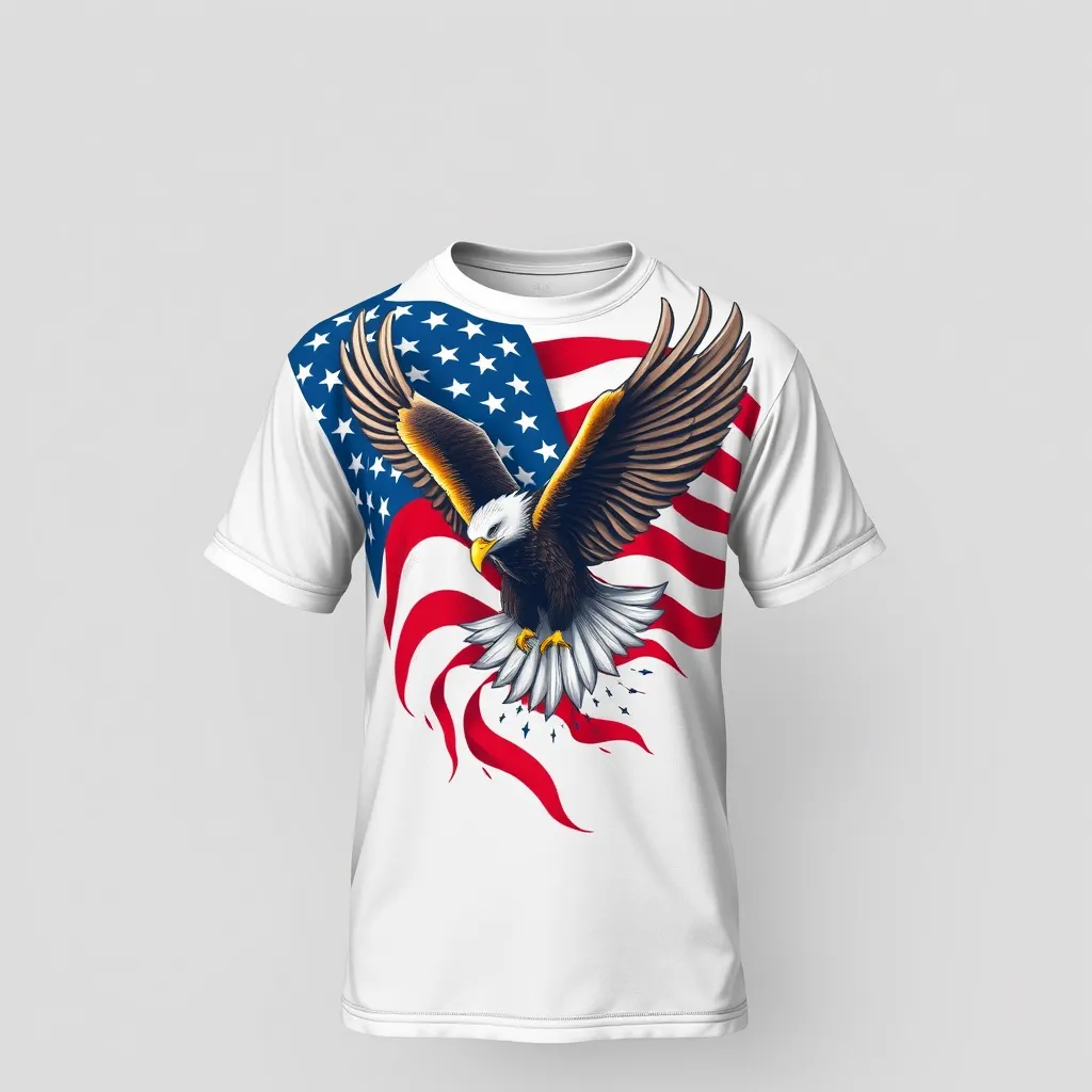 a t-shirt with t-shirt with a bold and patriotic design featuring an eagle in front of a billowing American flag, symbolizing freedom and strength, a t-shirt with short sleeves, static shot, fashion shirt, a shirt set against a solid-colored background, with contrast between background and shirt, on a solid light-gray studio background, realistic shirt concept