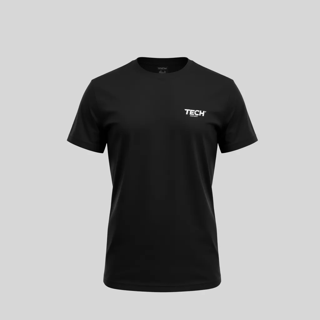 a t-shirt with t-shirt with a company uniform with a small, cutting-edge tech logo on the left chest, featuring metallic silver on a black shirt for a professional and futuristic appearance, a t-shirt with short sleeves, static shot, fashion shirt, a shirt set against a solid-colored background, with contrast between background and shirt, on a solid light-gray studio background, realistic shirt concept