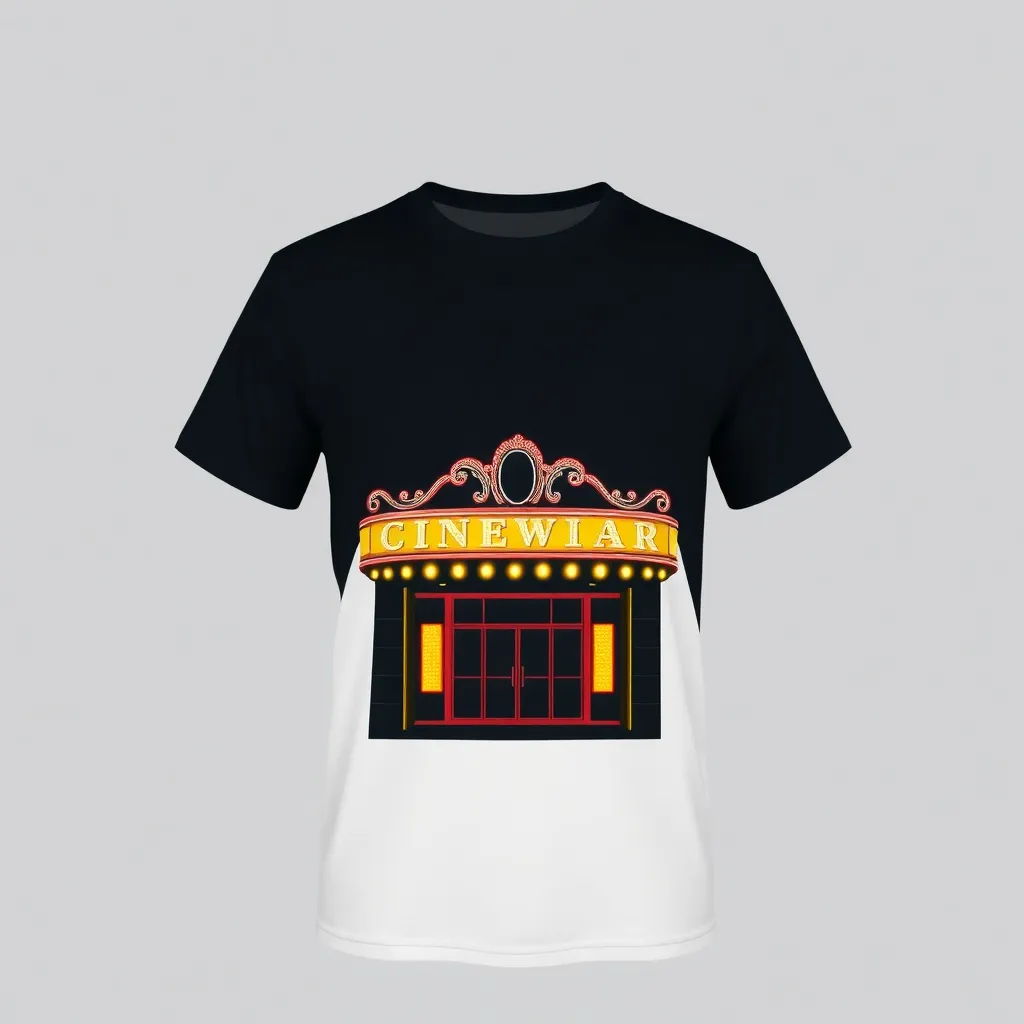 A themed t-shirt with a cinema print. t-shirt with a stylized depiction of a classic theater marquee, lights aglow, showcasing the excitement and glamour of opening nights, against a dark backdrop, a t-shirt with short sleeves, static shot, fashion shirt, a shirt set against a solid-colored background, with contrast between background and shirt, on a solid light-gray studio background, realistic shirt concept