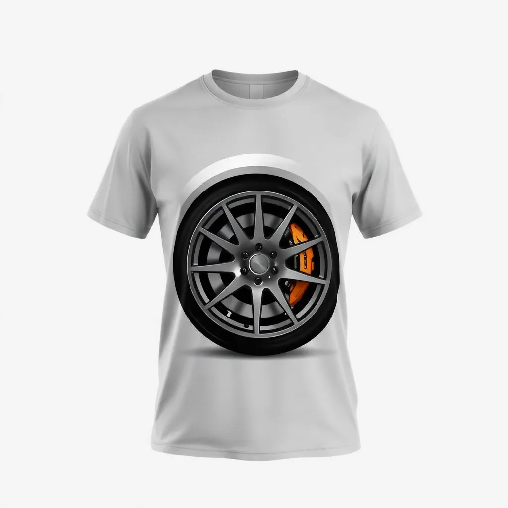 A themed t-shirt with a sports car print. t-shirt with a close-up design of a car tire and alloy wheel, emphasizing the engineering and performance aspect with metallic gray tones, a t-shirt with short sleeves, static shot, fashion shirt, a shirt set against a solid-colored background, with contrast between background and shirt, on a solid light-gray studio background, realistic shirt concept