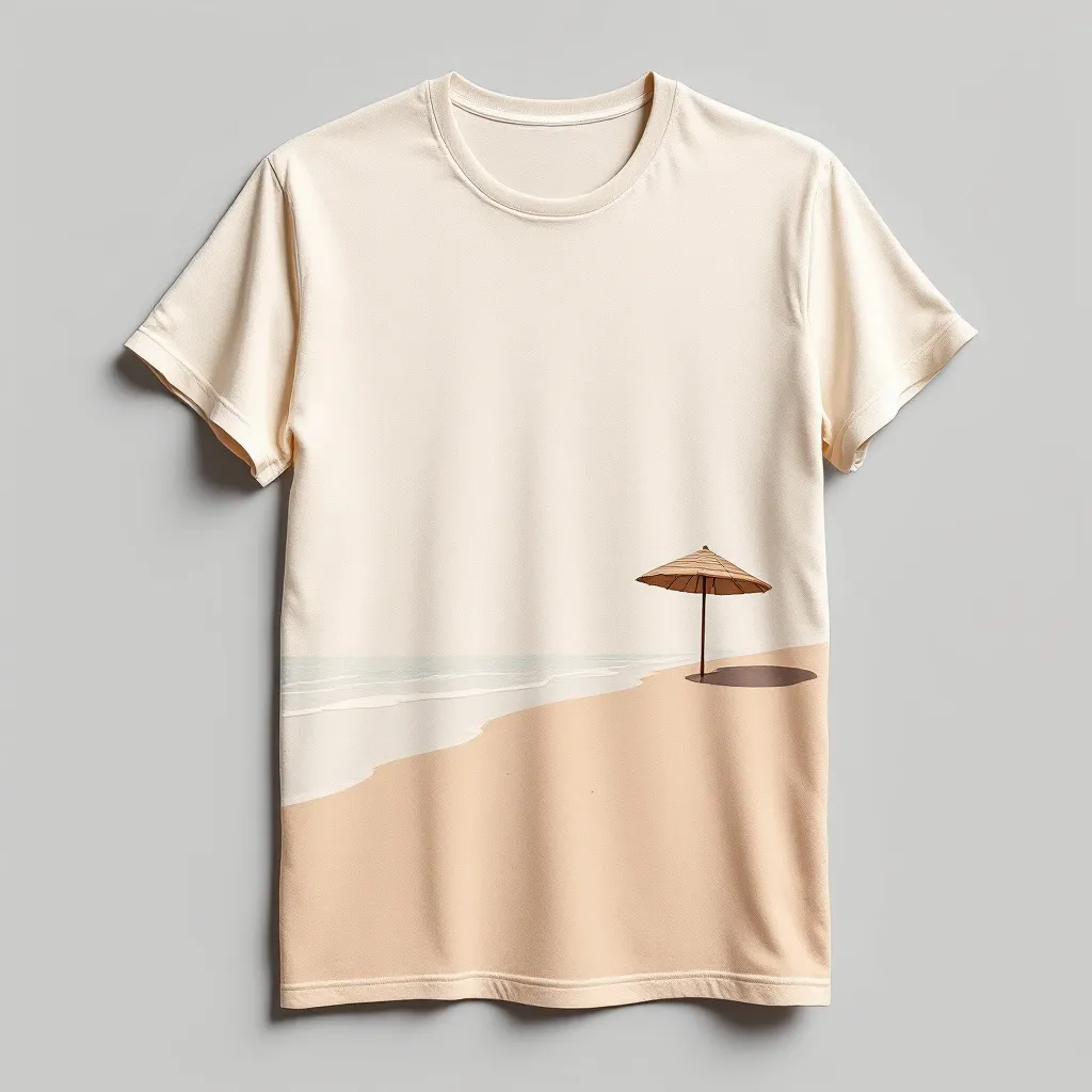 A themed t-shirt with a beach print. t-shirt with a silhouette of a lone beach umbrella on a deserted shoreline, set against a pale, sand-colored fabric for a subtle, minimalist design, a t-shirt with short sleeves, static shot, fashion shirt, a shirt set against a solid-colored background, with contrast between background and shirt, on a solid light-gray studio background, realistic shirt concept