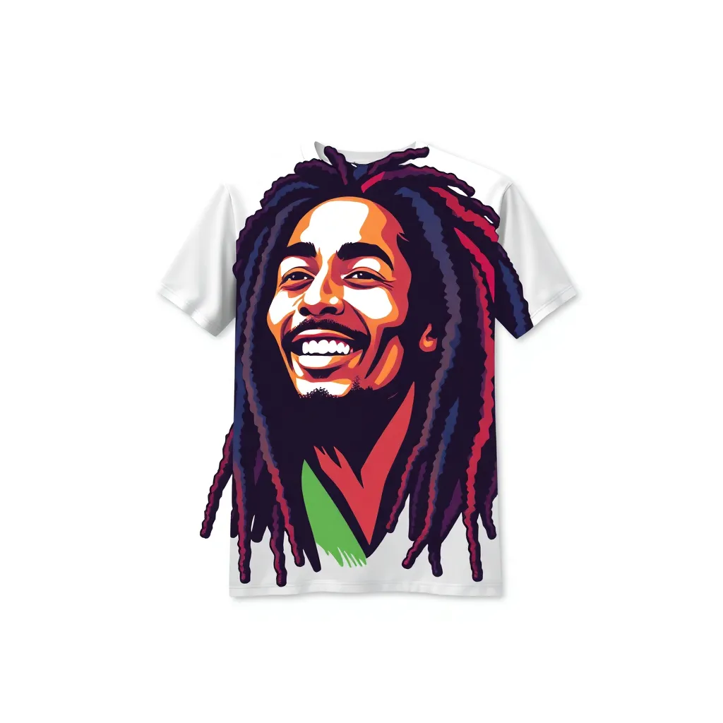 a t-shirt with t-shirt with a portrait of Bob Marley with his dreadlocks flowing, painted in a bright and animated style, using a mix of pastel and neon colors for a modern vibe, a t-shirt with short sleeves, static shot, fashion shirt, a shirt set against a solid-colored background, with contrast between background and shirt, on a solid light-gray studio background, realistic shirt concept