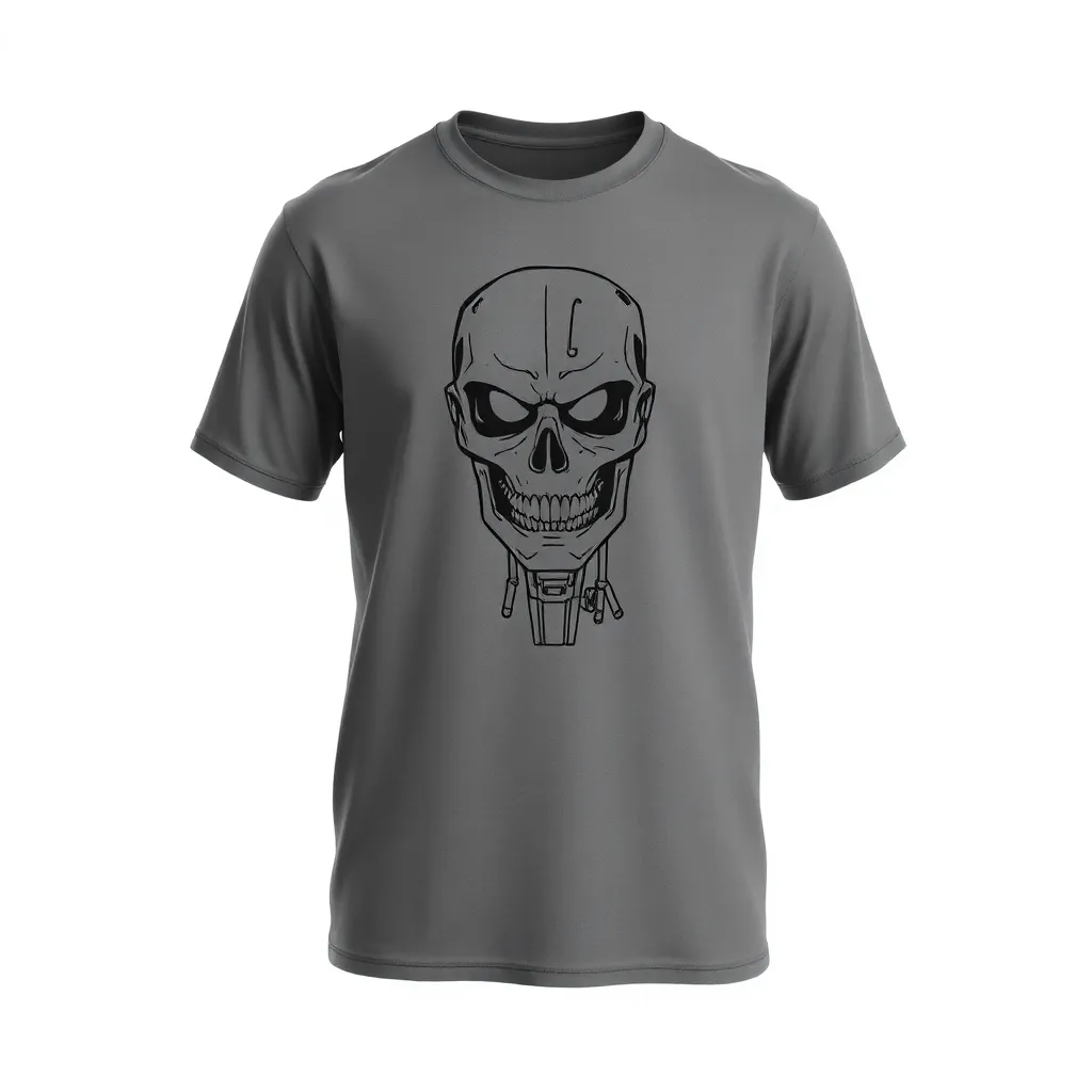 A themed t-shirt with a terminator print. t-shirt with a single-line sketch of a terminator on a gray shirt, highlighting its robotic form with a subtle tech-inspired pattern, a t-shirt with short sleeves, static shot, fashion shirt, a shirt set against a solid-colored background, with contrast between background and shirt, on a solid light-gray studio background, realistic shirt concept