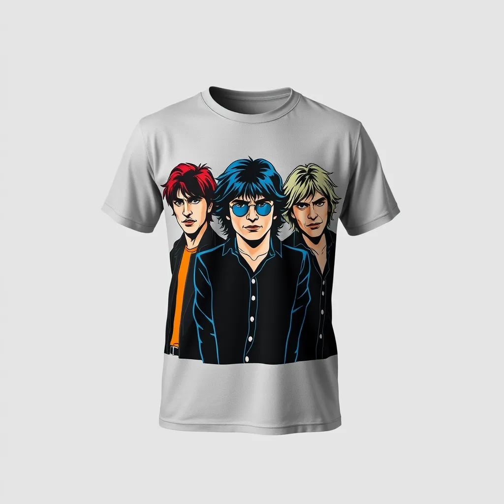 a t-shirt with t-shirt with an artistic representation of the band’s members as comic book characters, using bold lines and vibrant colors to capture their larger-than-life personas, a t-shirt with short sleeves, static shot, fashion shirt, a shirt set against a solid-colored background, with contrast between background and shirt, on a solid light-gray studio background, realistic shirt concept