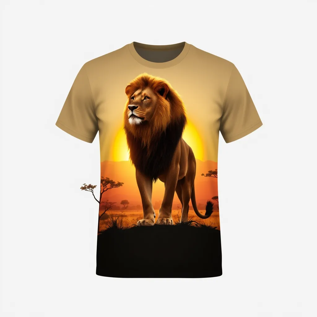a t-shirt with t-shirt with a proud lion standing tall in the savannah with acacia trees and distant mountains, bathed in the warm glow of a setting sun, a t-shirt with short sleeves, static shot, fashion shirt, a shirt set against a solid-colored background, with contrast between background and shirt, on a solid light-gray studio background, realistic shirt concept