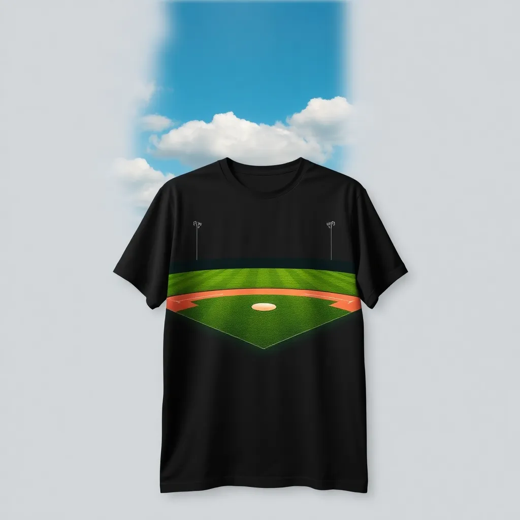 a t-shirt with t-shirt with a classic baseball diamond with bright green grass and perfectly drawn white lines, set against a deep blue sky with fluffy clouds, a t-shirt with short sleeves, static shot, fashion shirt, a shirt set against a solid-colored background, with contrast between background and shirt, on a solid light-gray studio background, realistic shirt concept