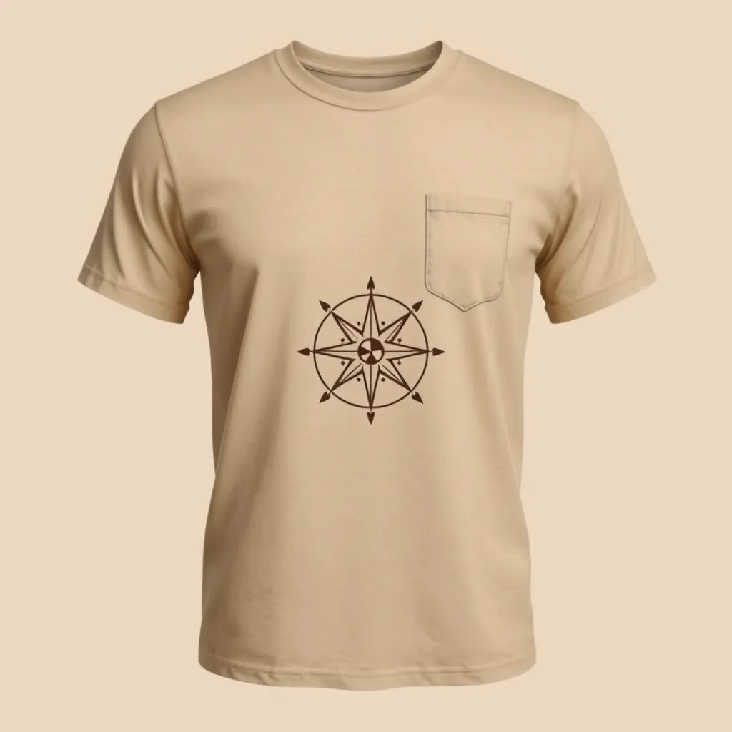 a t-shirt with t-shirt with a delicate single-line drawing of a steampunk compass rose, placed over the left chest in dark brown, on a light tan background for a nuanced design, a t-shirt with short sleeves, static shot, fashion shirt, a shirt set against a solid-colored background, with contrast between background and shirt, on a solid light-gray studio background, realistic shirt concept