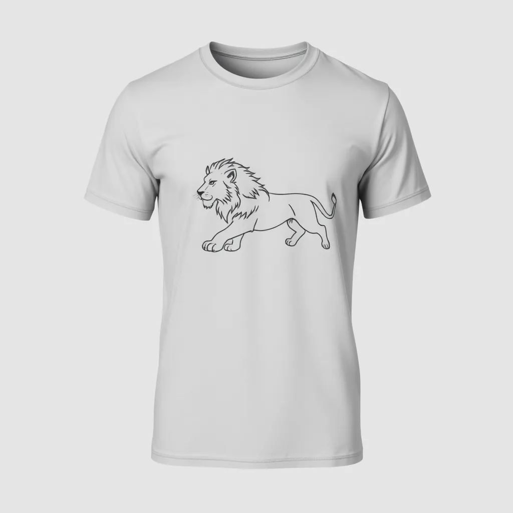a t-shirt with t-shirt with a single-line drawing of a lion in motion, positioned across the chest in dark gray, with a light gray background for an elegant and understated look, a t-shirt with short sleeves, static shot, fashion shirt, a shirt set against a solid-colored background, with contrast between background and shirt, on a solid light-gray studio background, realistic shirt concept