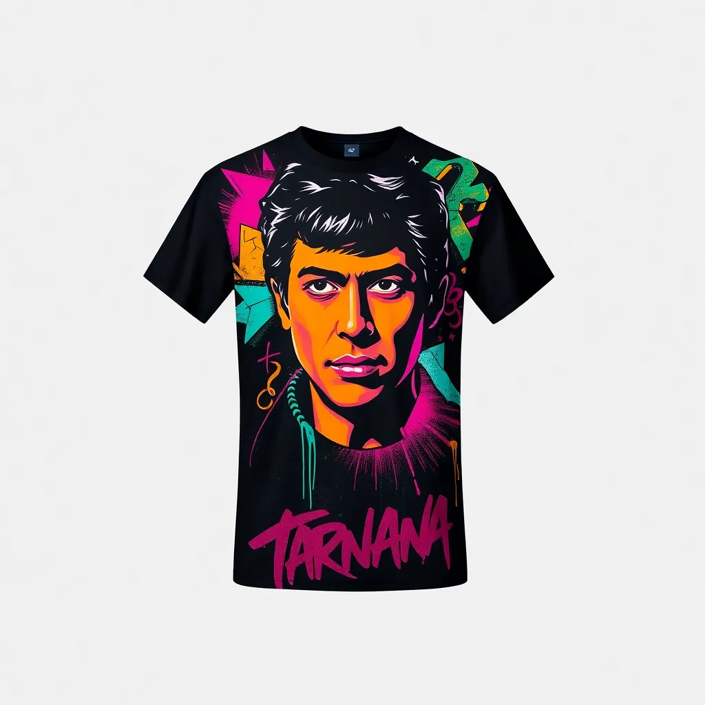 a t-shirt with t-shirt with a bold, street art-inspired image of Tony Montana’s face, surrounded by vibrant graffiti elements, in a mix of neon colors on a black shirt, a t-shirt with short sleeves, static shot, fashion shirt, a shirt set against a solid-colored background, with contrast between background and shirt, on a solid light-gray studio background, realistic shirt concept