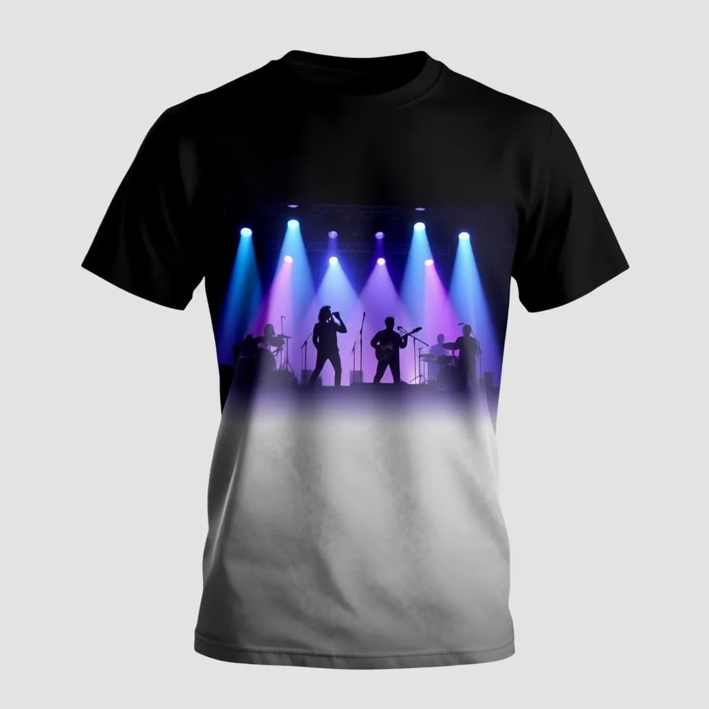 a t-shirt with t-shirt with a serene depiction of the band on stage performing, captured in silhouettes with a backdrop of subtle blue and purple stage lights highlighting the scene, a t-shirt with short sleeves, static shot, fashion shirt, a shirt set against a solid-colored background, with contrast between background and shirt, on a solid light-gray studio background, realistic shirt concept