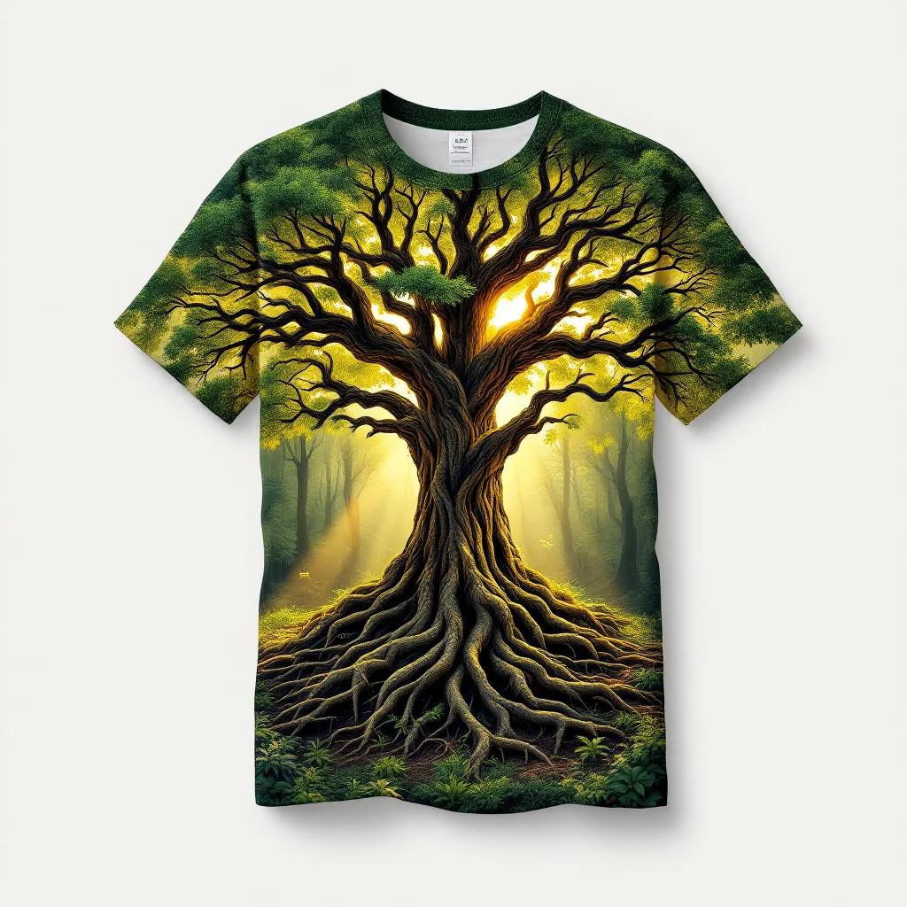 A themed t-shirt with a tree print. ```plaintext
't-shirt with a towering ancient tree with sprawling roots and lush green leaves, illuminated by golden sunlight filtering through the dense forest canopy, a t-shirt with short sleeves, static shot, fashion shirt, a shirt set against a solid-colored background, with contrast between background and shirt, on a solid light-gray studio background, realistic shirt concept