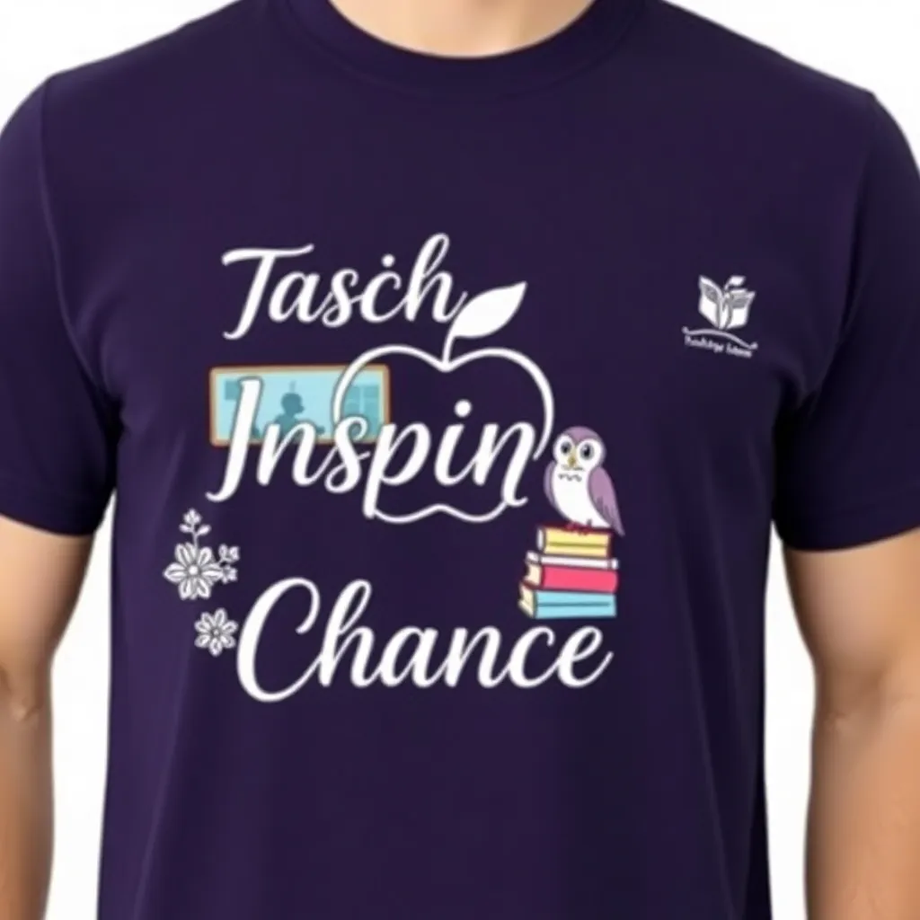 a t-shirt with t-shirt with an inspiring quote in elegant script, reading "Teach, Inspire, Change," surrounded by soft, pastel-colored floral illustrations', 
't-shirt with a minimalist design featuring a single apple outline in white, centered on a solid red or dark blue shirt for a clean and modern aesthetic', 
't-shirt with a playful, cartoon-like depiction of a teacher at a chalkboard, surrounded by enthusiastic students, using vibrant primary colors', 
't-shirt with a serene, pastel-colored classroom scene with a teacher reading to children, framed by gentle greenery through the windows, evoking a calm and nurturing mood', 
't-shirt with a graphic of a wise owl perched on a stack of books, with a soft gradient background from blue to purple, symbolizing knowledge and wisdom', 
't-shirt with a company uniform featuring a small, detailed pencil and book logo embroidered on the left chest, using dark tones like navy on a white or light gray shirt for a professional look', 
't-shirt with a dynamic composition of floating letters, numbers, and scientific symbols, in a spiral around a central globe, using bright, engaging colors', 
't-shirt with a simplified, silhouette design of a teacher holding a globe, against a solid black or navy background with white accents, creating a sleek and sophisticated look', 
't-shirt with a cheerful scene of children playing and learning outdoors, with green grass, colorful playground equipment, and a bright blue sky, conveying energy and joy', 
't-shirt with a small, minimalist chalkboard design with ABC written on it, in white on a classic black shirt for a straightforward and timeless look', 
't-shirt with a dynamic, abstract representation of books, pencils, and globes swirling in a whirlwind of colors, symbolizing the excitement of learning', 
't-shirt with a geometric design of a teacher’s desk with neatly arranged supplies, using sharp angular lines and soft pastel colors for a modern and organized look, a t-shirt with short sleeves, static shot, fashion shirt, a shirt set against a solid-colored background, with contrast between background and shirt, on a solid light-gray studio background, realistic shirt concept