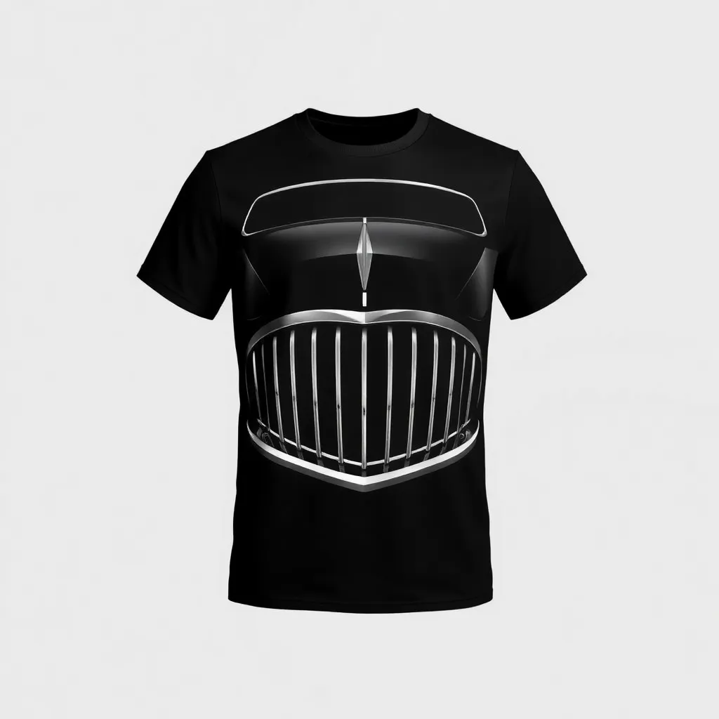 A themed t-shirt with a classic car print. t-shirt with a retro classic car grille design, enlarged across the shirt in white and chrome tones against a midnight black background for an eye-catching look, a t-shirt with short sleeves, static shot, fashion shirt, a shirt set against a solid-colored background, with contrast between background and shirt, on a solid light-gray studio background, realistic shirt concept