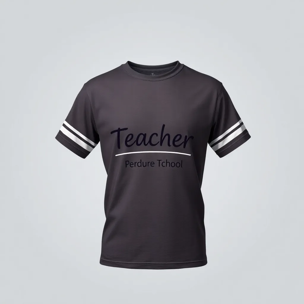a t-shirt with teacher themed print, a t-shirt with short sleeves, static shot, fashion shirt, a shirt set against a solid-colored background, with contrast between background and shirt, on a solid light-gray studio background, realistic shirt concept