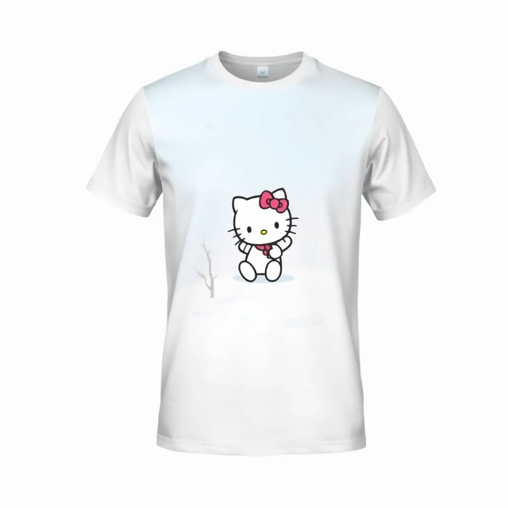 a t-shirt with t-shirt with Hello Kitty playing in a snowy landscape, with snowflakes and a light blue sky, capturing a playful winter scene in soft blue and white tones, a t-shirt with short sleeves, static shot, fashion shirt, a shirt set against a solid-colored background, with contrast between background and shirt, on a solid light-gray studio background, realistic shirt concept