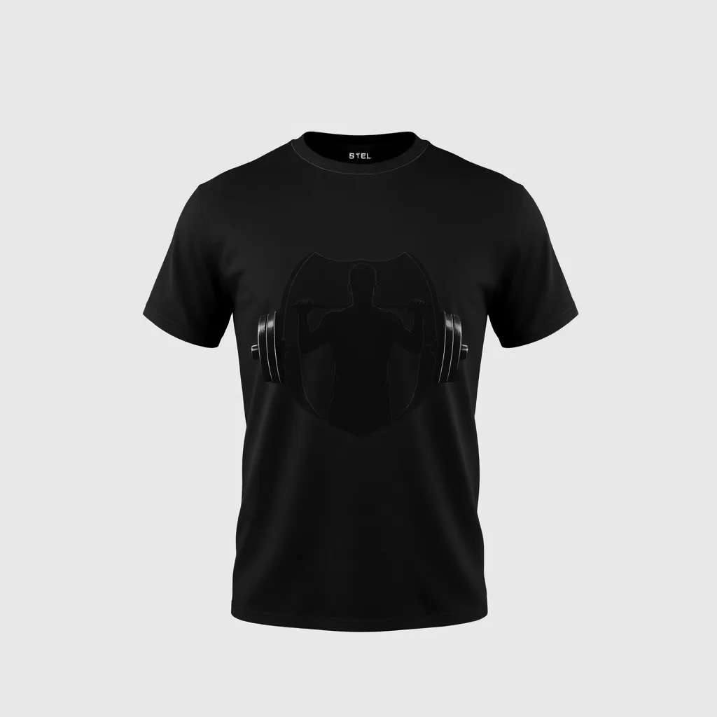 a t-shirt with t-shirt with a silhouette of a person lifting a barbell, centered on a black shirt with white accents for a striking and minimalist aesthetic, a t-shirt with short sleeves, static shot, fashion shirt, a shirt set against a solid-colored background, with contrast between background and shirt, on a solid light-gray studio background, realistic shirt concept