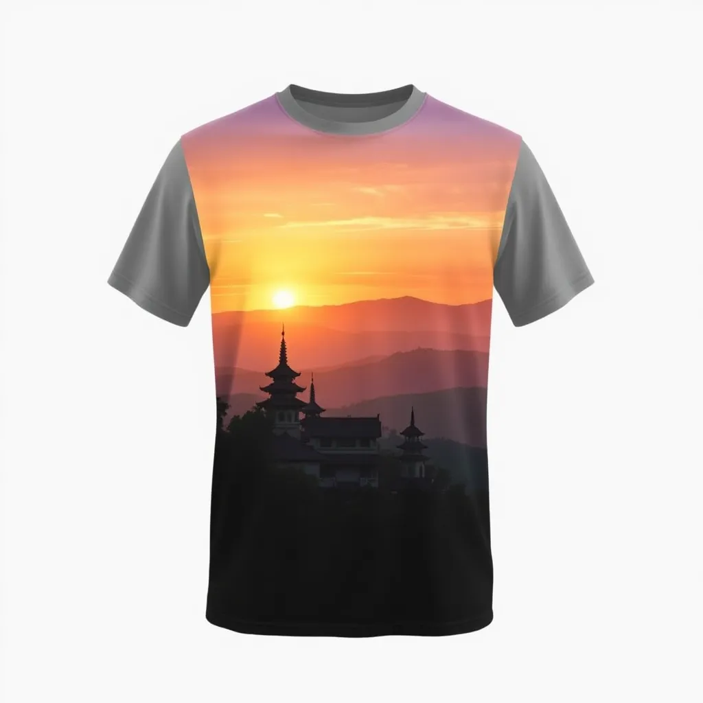 a t-shirt with t-shirt with a peaceful mountain temple scene during sunset, with a golden glow illuminating the temple roofs, against a backdrop of rolling hills and a calming sky, a t-shirt with short sleeves, static shot, fashion shirt, a shirt set against a solid-colored background, with contrast between background and shirt, on a solid light-gray studio background, realistic shirt concept