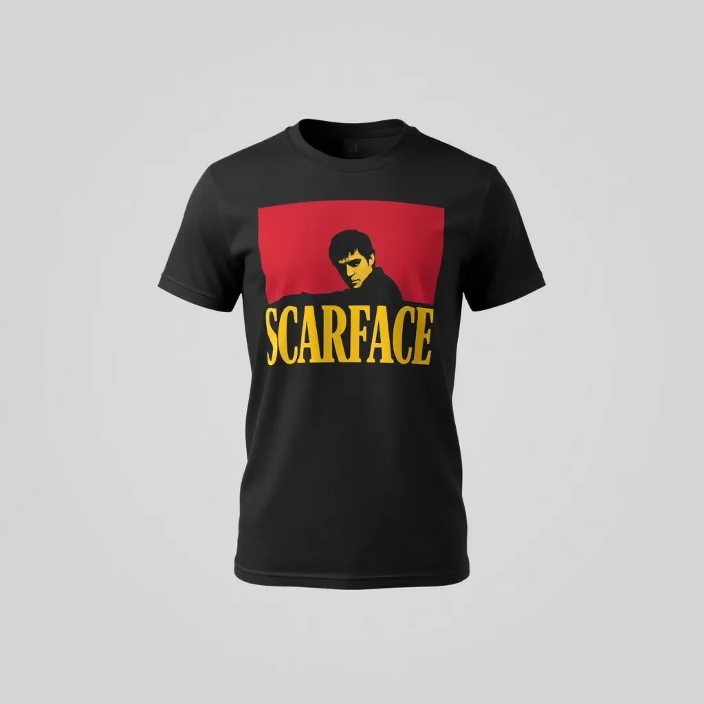 a t-shirt with t-shirt with a vintage movie poster design of Scarface, featuring old-school fonts and retro colors like mustard yellow and deep red for a nostalgic feel, a t-shirt with short sleeves, static shot, fashion shirt, a shirt set against a solid-colored background, with contrast between background and shirt, on a solid light-gray studio background, realistic shirt concept