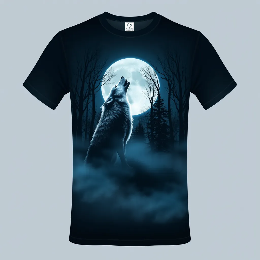 a t-shirt with t-shirt with a majestic wolf howling at a glowing full moon set against a dark forest with mist rising from the ground, using a cool blue and gray color palette, a t-shirt with short sleeves, static shot, fashion shirt, a shirt set against a solid-colored background, with contrast between background and shirt, on a solid light-gray studio background, realistic shirt concept
