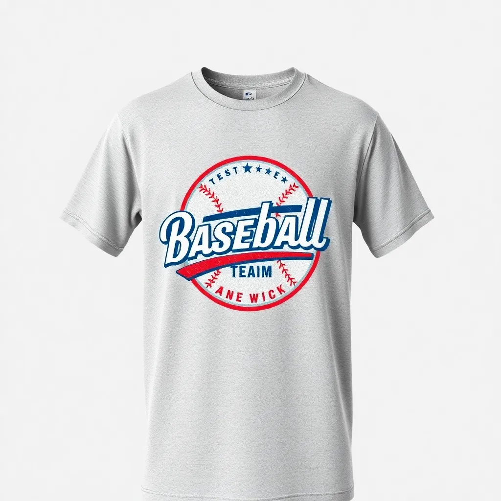 a t-shirt with t-shirt with a nostalgic baseball team logo with vintage typography and distressed texture, using classic red, white, and blue colors, positioned on a heather gray shirt, a t-shirt with short sleeves, static shot, fashion shirt, a shirt set against a solid-colored background, with contrast between background and shirt, on a solid light-gray studio background, realistic shirt concept