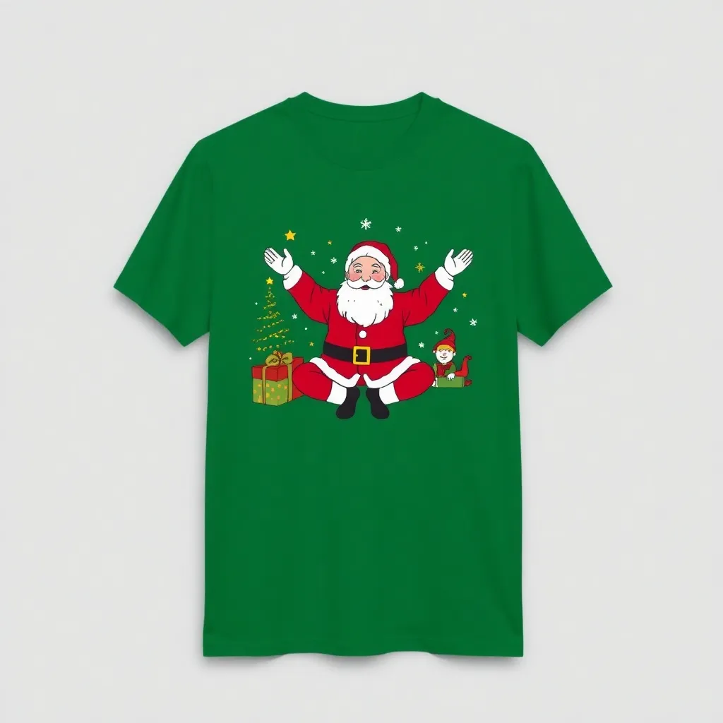 a t-shirt with t-shirt with a Santa Claus doing yoga poses surrounded by presents and elves, with a colorful holiday backdrop, using red, green, and white tones to capture the fun mood, a t-shirt with short sleeves, static shot, fashion shirt, a shirt set against a solid-colored background, with contrast between background and shirt, on a solid light-gray studio background, realistic shirt concept