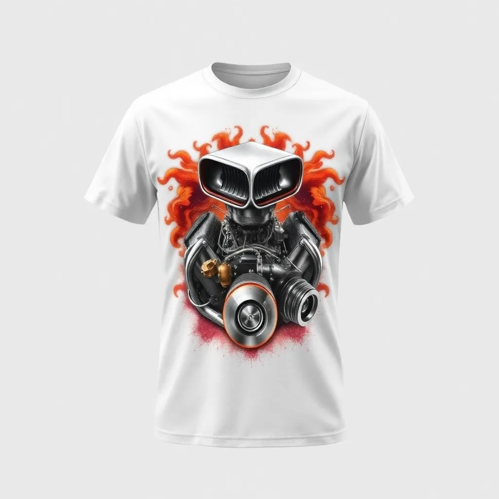 A themed t-shirt with a classic car print. t-shirt with a detailed depiction of a roaring classic car engine, with metallic silvers and warm rust accents, conveying power and craftsmanship, a t-shirt with short sleeves, static shot, fashion shirt, a shirt set against a solid-colored background, with contrast between background and shirt, on a solid light-gray studio background, realistic shirt concept