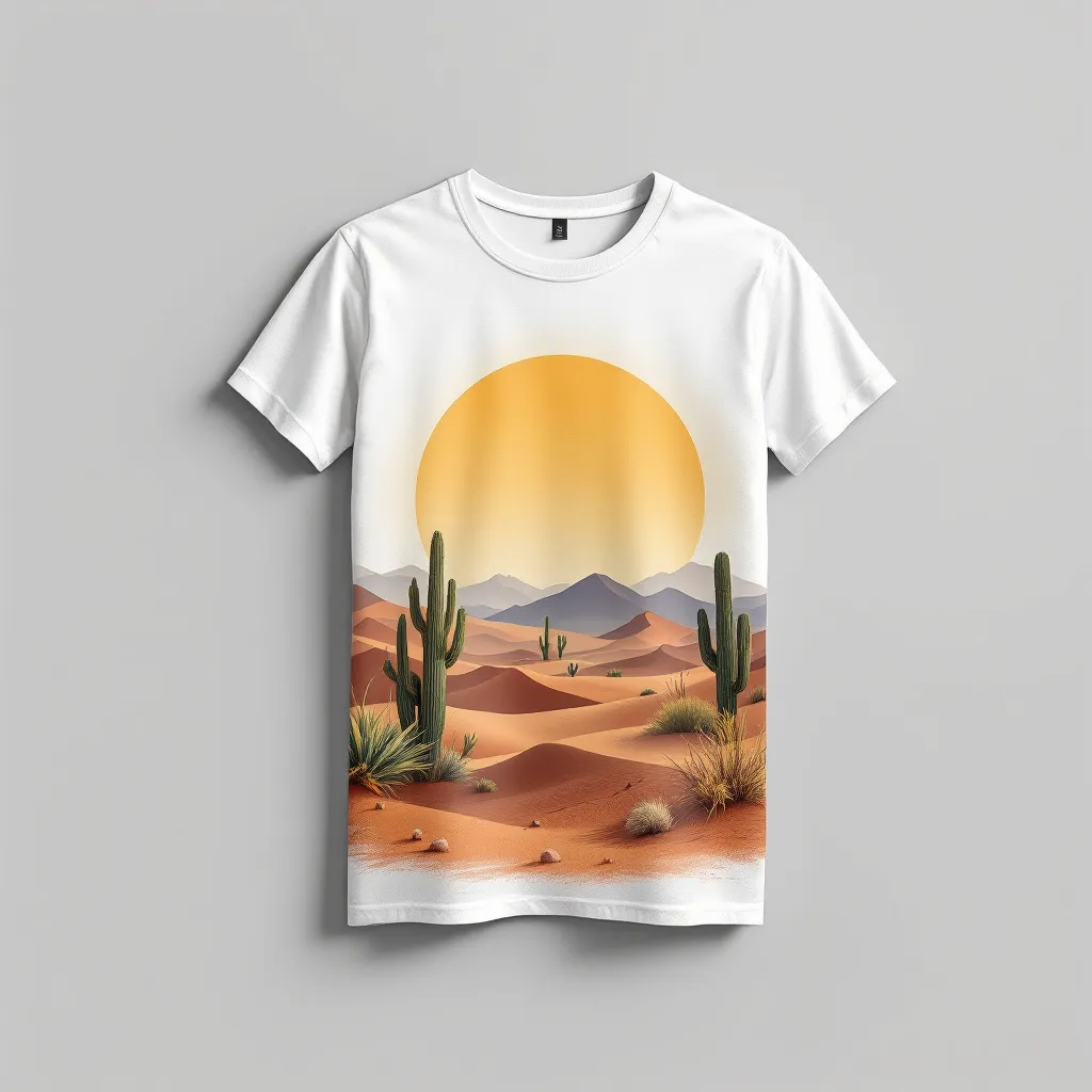 A themed t-shirt with a desert print. A t-shirt with a desert print, a t-shirt with short sleeves, static shot, fashion shirt, a shirt set against a solid-colored background, with contrast between background and shirt, on a solid light-gray studio background, realistic shirt concept